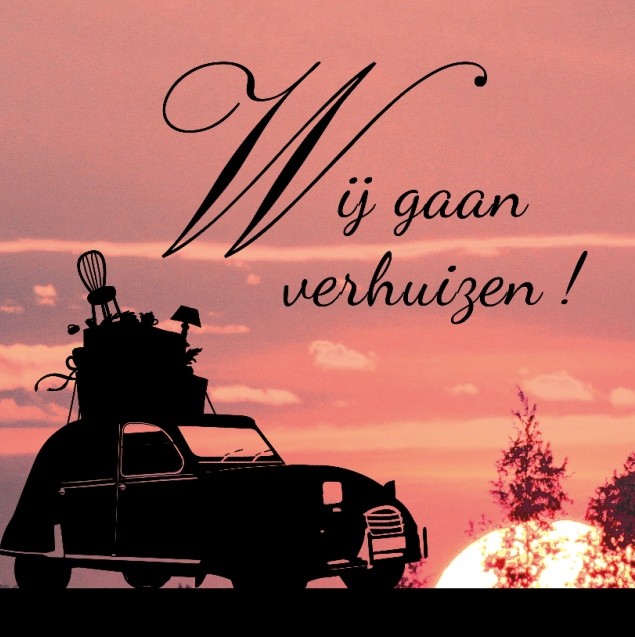 Verhuiskaart met zonsondergang en contour auto Verhuiskaart met zonsondergang en contour auto