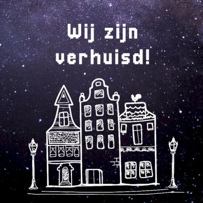Verhuiskaartje met galaxy en Hollandse huisjes
