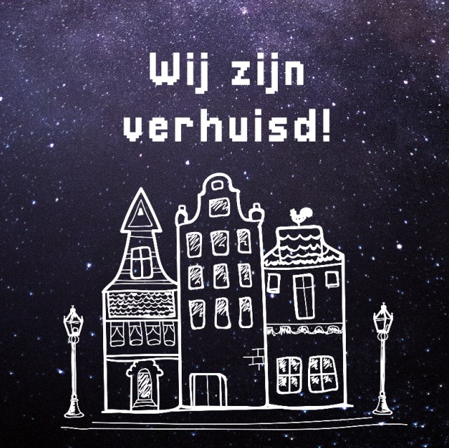 Verhuiskaartje met galaxy en Hollandse huisjes Verhuiskaartje met galaxy en Hollandse huisjes