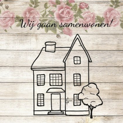 Samenwonen kaart met huis op hout met bloemen