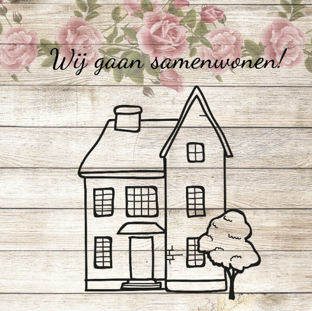Samenwonen kaart met huis op hout met bloemen Samenwonen kaart met huis op hout met bloemen