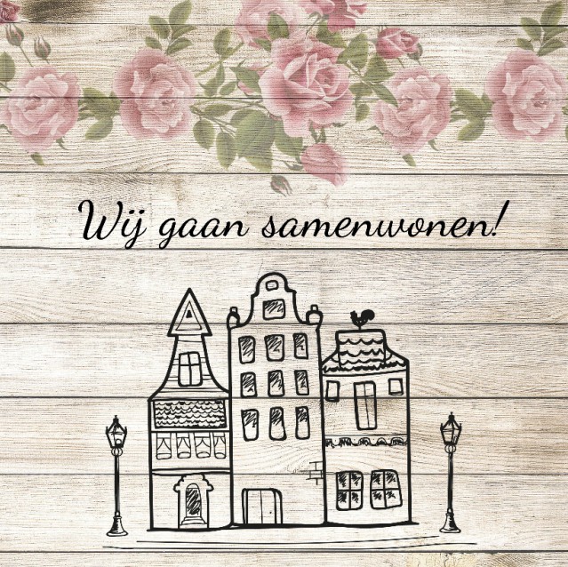 Samenwonen kaart met Hollandse huisjes op hout met bloemen Samenwonen kaart met Hollandse huisjes op hout met bloemen