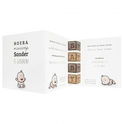 Drieluik geboortekaart met baby's en pop-up blokken