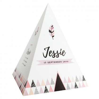 Gestanst geboortekaartje "Tipi tent - Roze veertje"