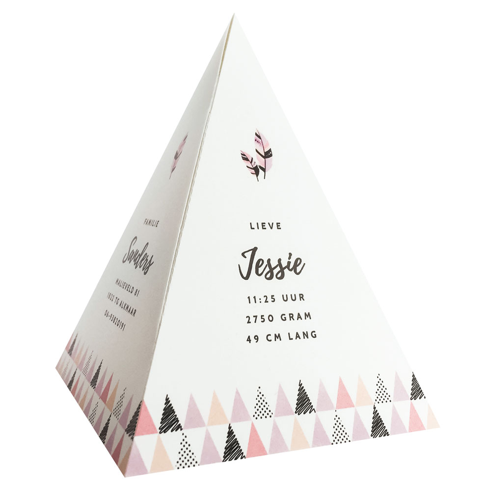 Gestanst geboortekaartje "Tipi tent - Roze veertje" Gestanst geboortekaartje "Tipi tent - Roze veertje"