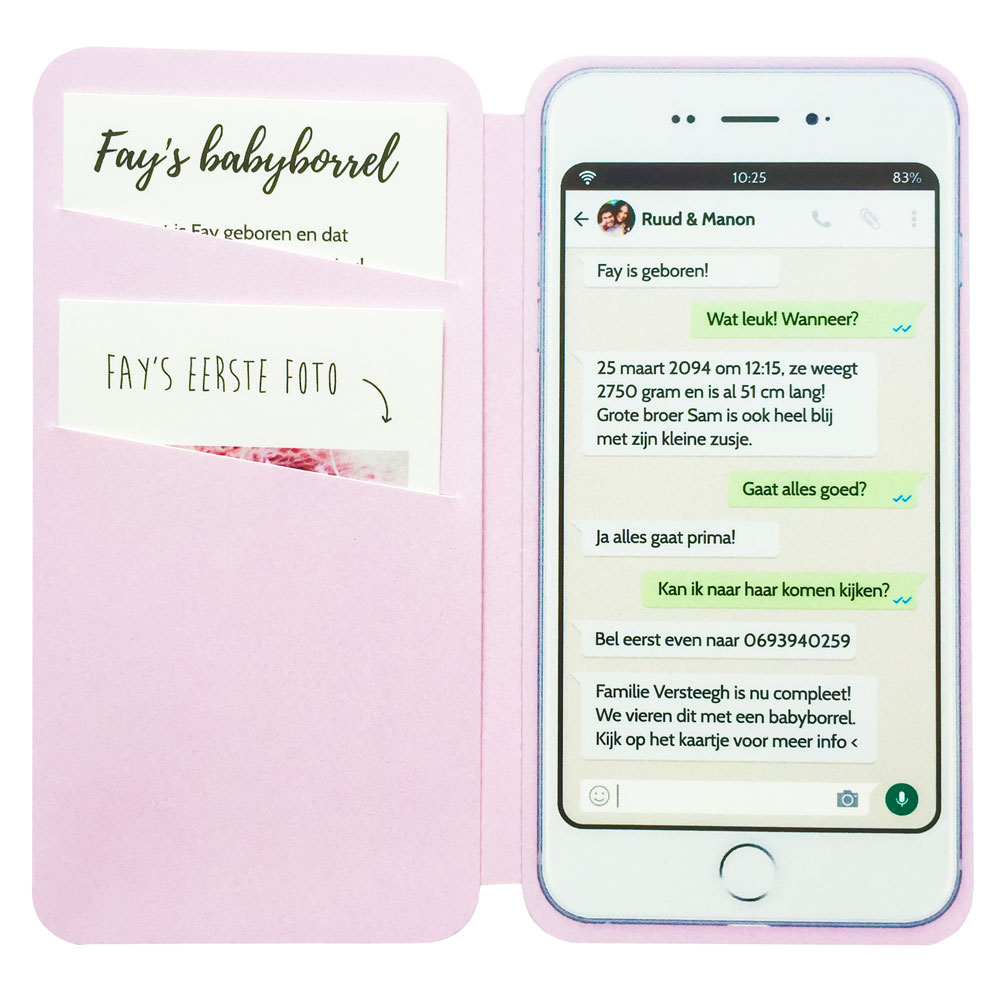 Gestanst geboortekaartje "Smartphone roze"
