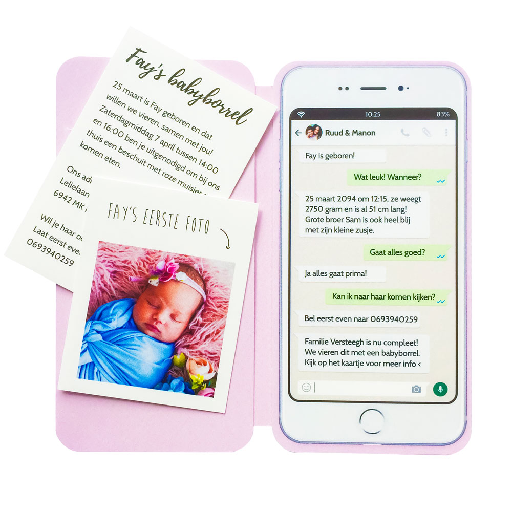 Gestanst geboortekaartje "Smartphone roze" Gestanst geboortekaartje "Smartphone roze"
