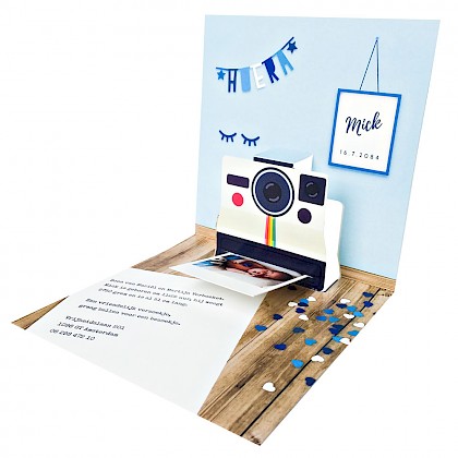 Pop-up kaart Polaroid blauwe achtergrond