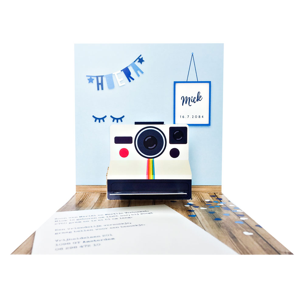 Pop-up kaart Polaroid blauwe achtergrond
