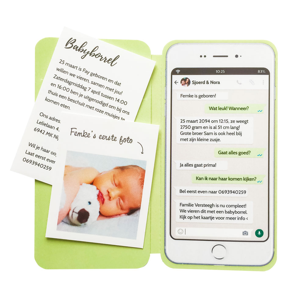 Gestanst geboortekaartje "Smartphone groen"