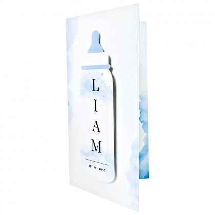 Gestanst geboortekaartje "Babyflesje blauw"