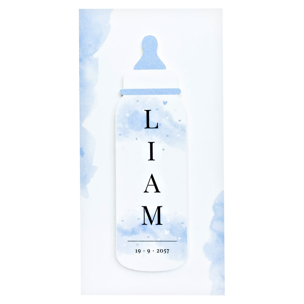 Gestanst geboortekaartje "Babyflesje blauw" Gestanst geboortekaartje "Babyflesje blauw"