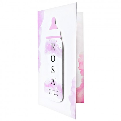 Geboortekaart babyfles op roze aquarel Geboortekaart babyfles op roze aquarel