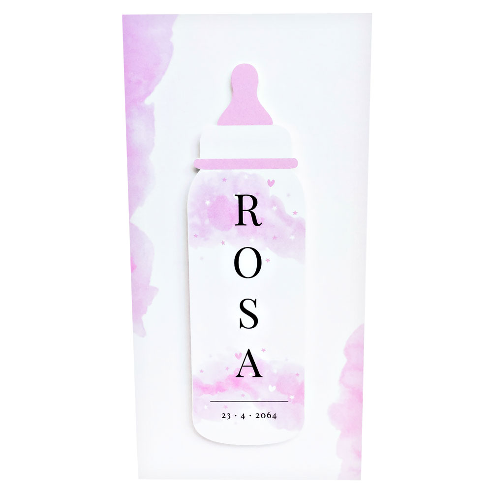 Geboortekaart babyfles op roze aquarel Geboortekaart babyfles op roze aquarel