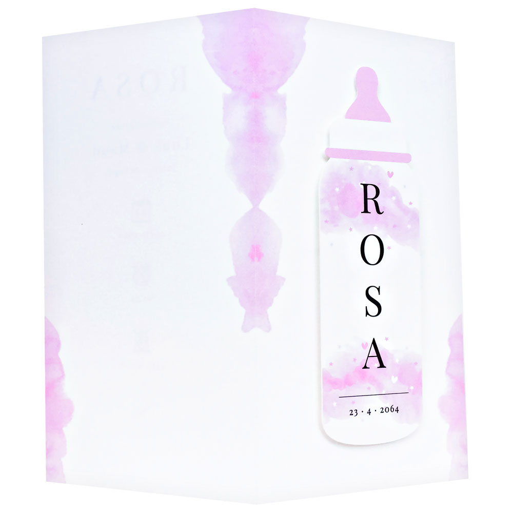 Geboortekaart babyfles op roze aquarel Geboortekaart babyfles op roze aquarel