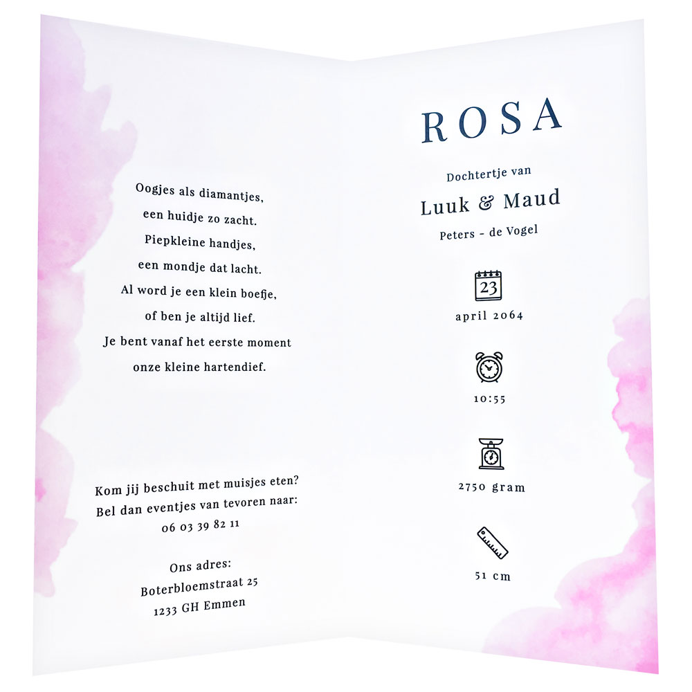 Geboortekaart babyfles op roze aquarel Geboortekaart babyfles op roze aquarel