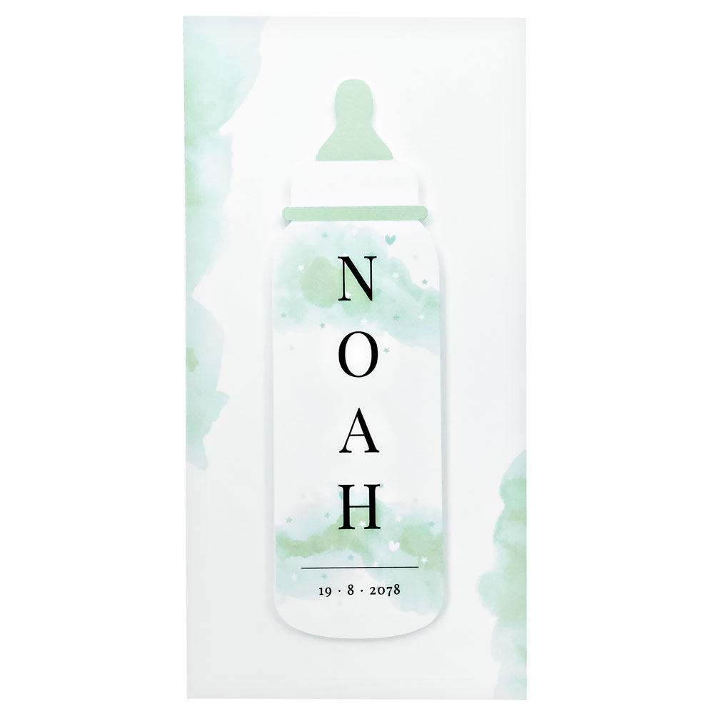 Geboortekaart met prachtige groene waterverf en babyfles Geboortekaart met prachtige groene waterverf en babyfles