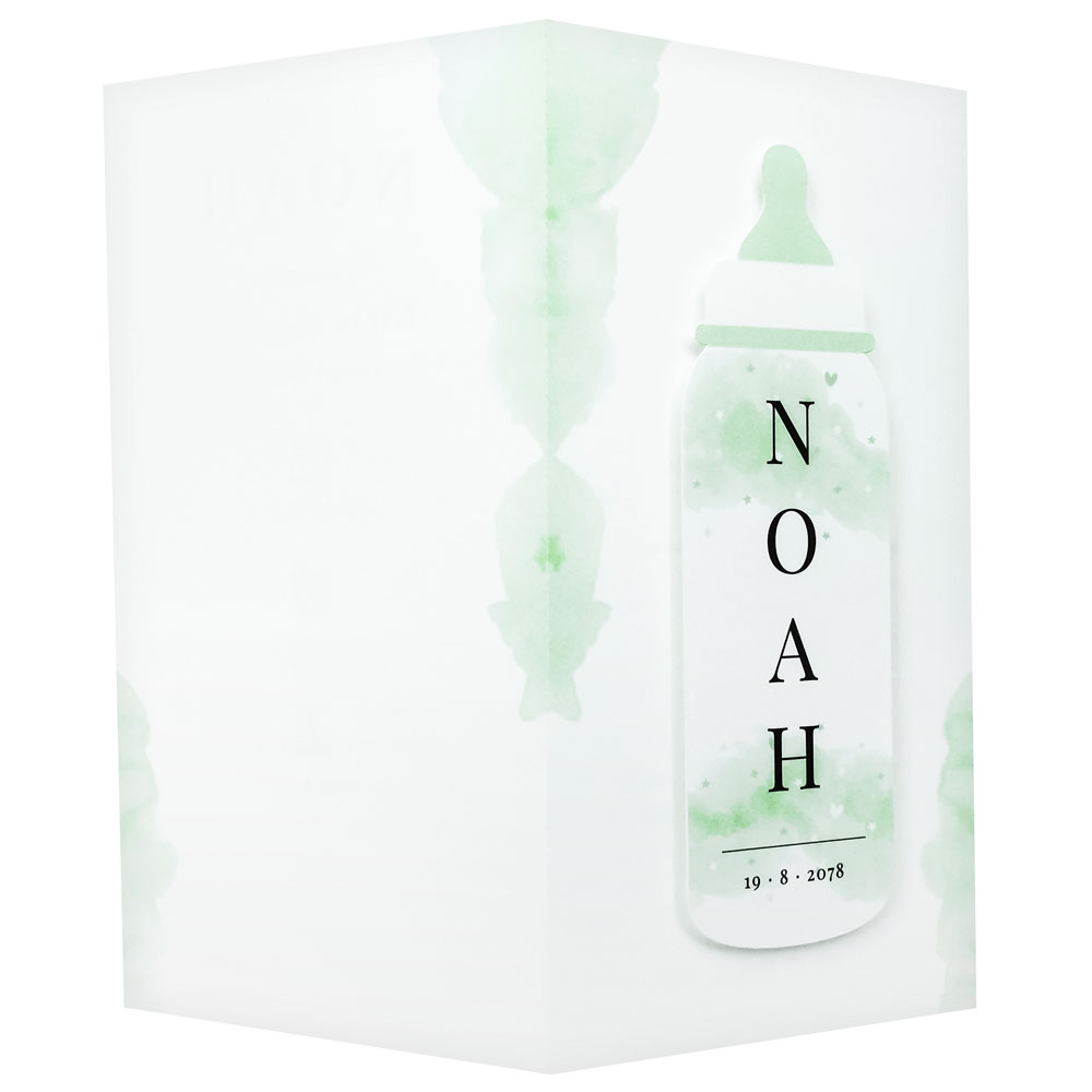 Geboortekaart met prachtige groene waterverf en babyfles Geboortekaart met prachtige groene waterverf en babyfles