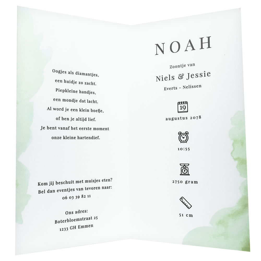 Geboortekaart met prachtige groene waterverf en babyfles Geboortekaart met prachtige groene waterverf en babyfles