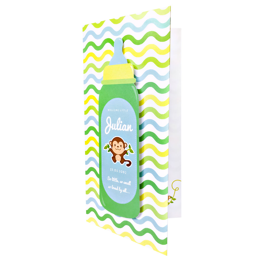 Geboortekaart babyfles met aap Geboortekaart babyfles met aap
