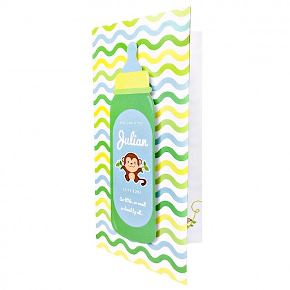 Geboortekaart babyfles met aap Geboortekaart babyfles met aap
