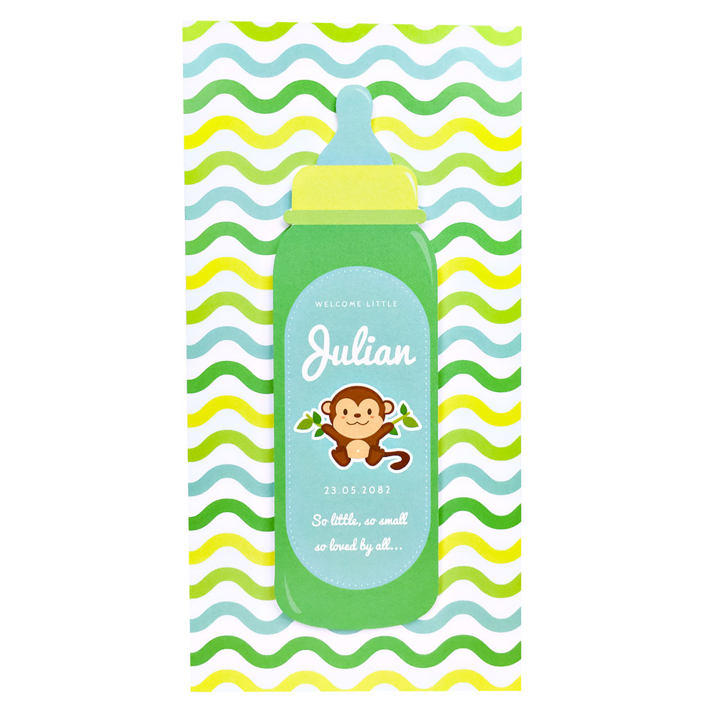 Geboortekaart babyfles met aap Geboortekaart babyfles met aap