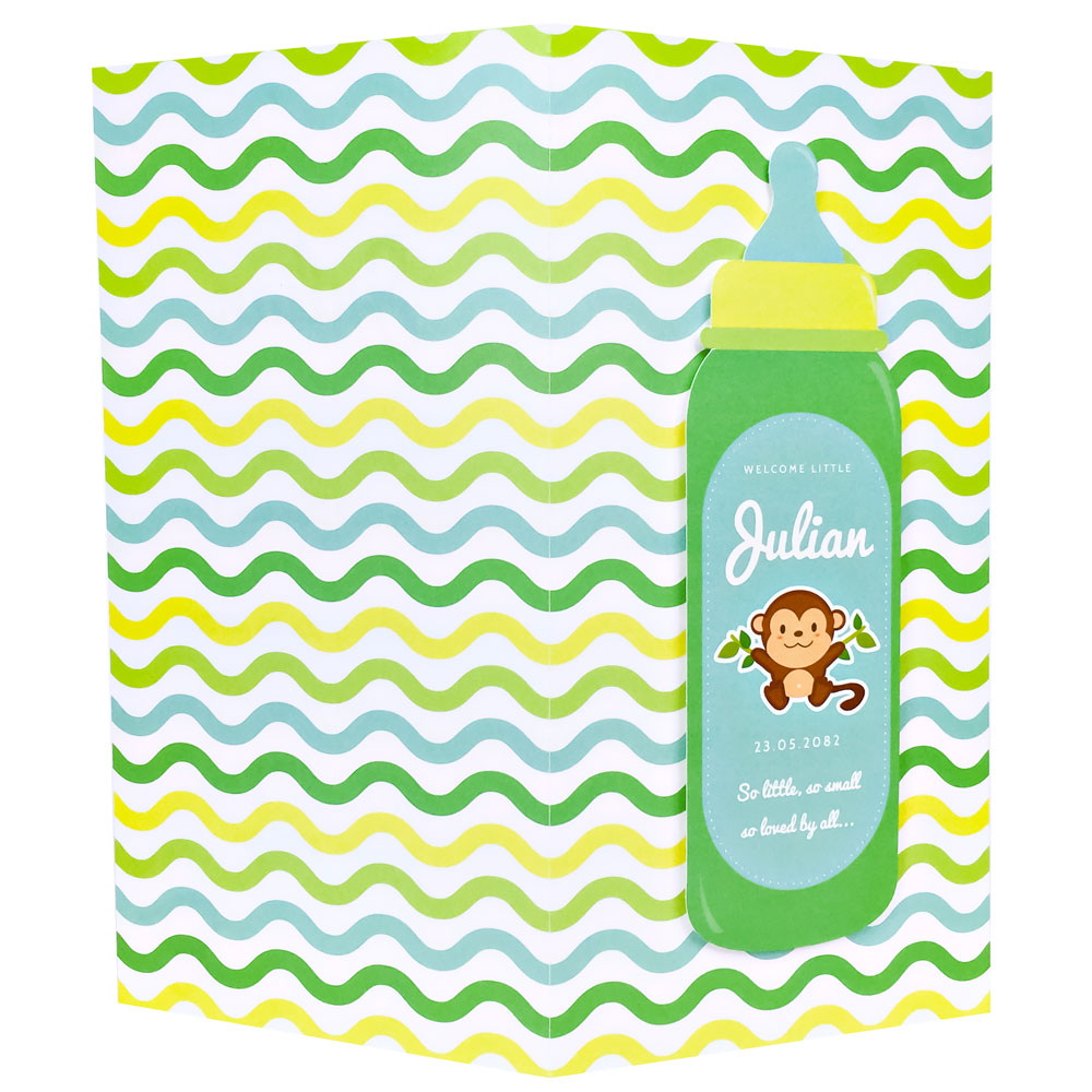 Geboortekaart babyfles met aap Geboortekaart babyfles met aap