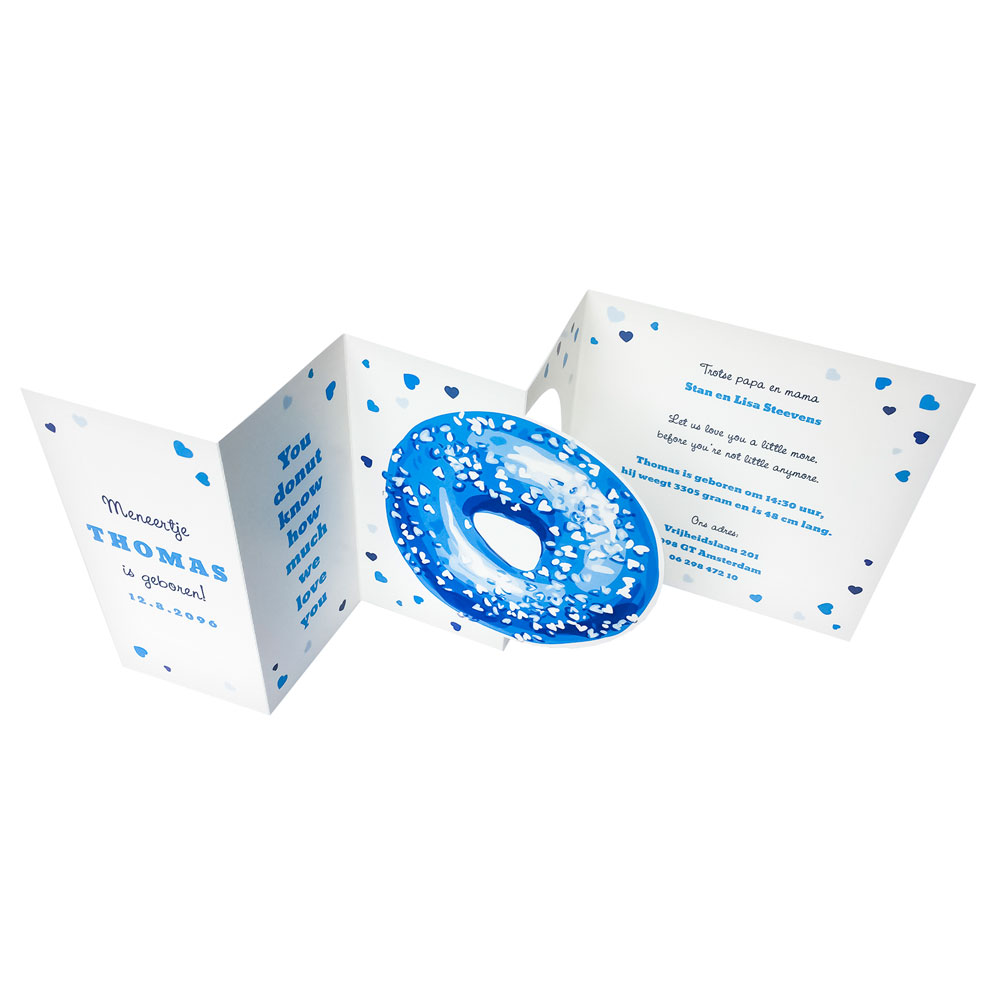 Geboortekaart blauwe donut met hartjes Geboortekaart blauwe donut met hartjes