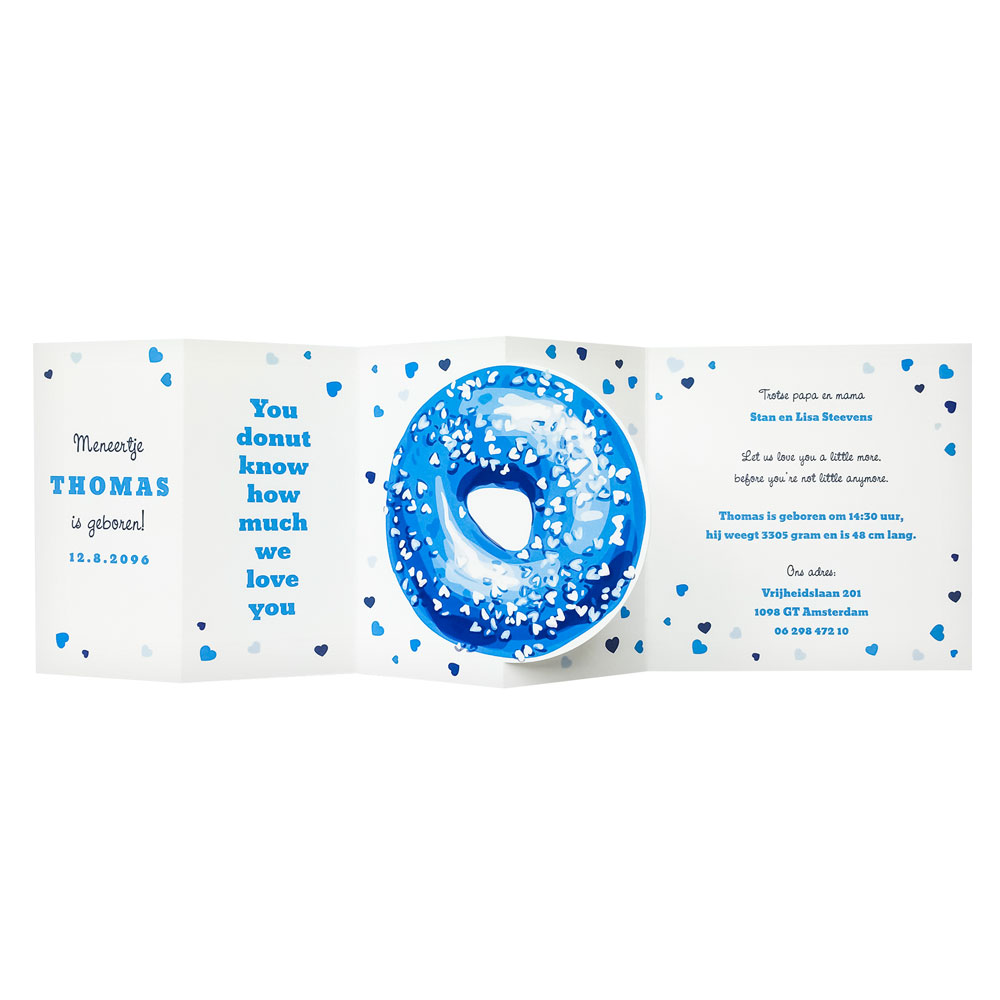 Geboortekaart blauwe donut met hartjes Geboortekaart blauwe donut met hartjes