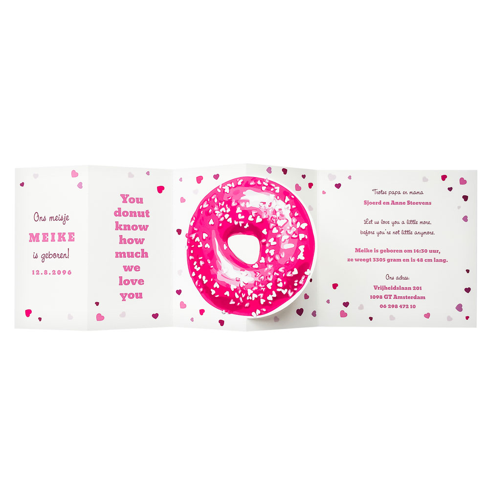 Geboortekaart roze Donut en hartjes.
