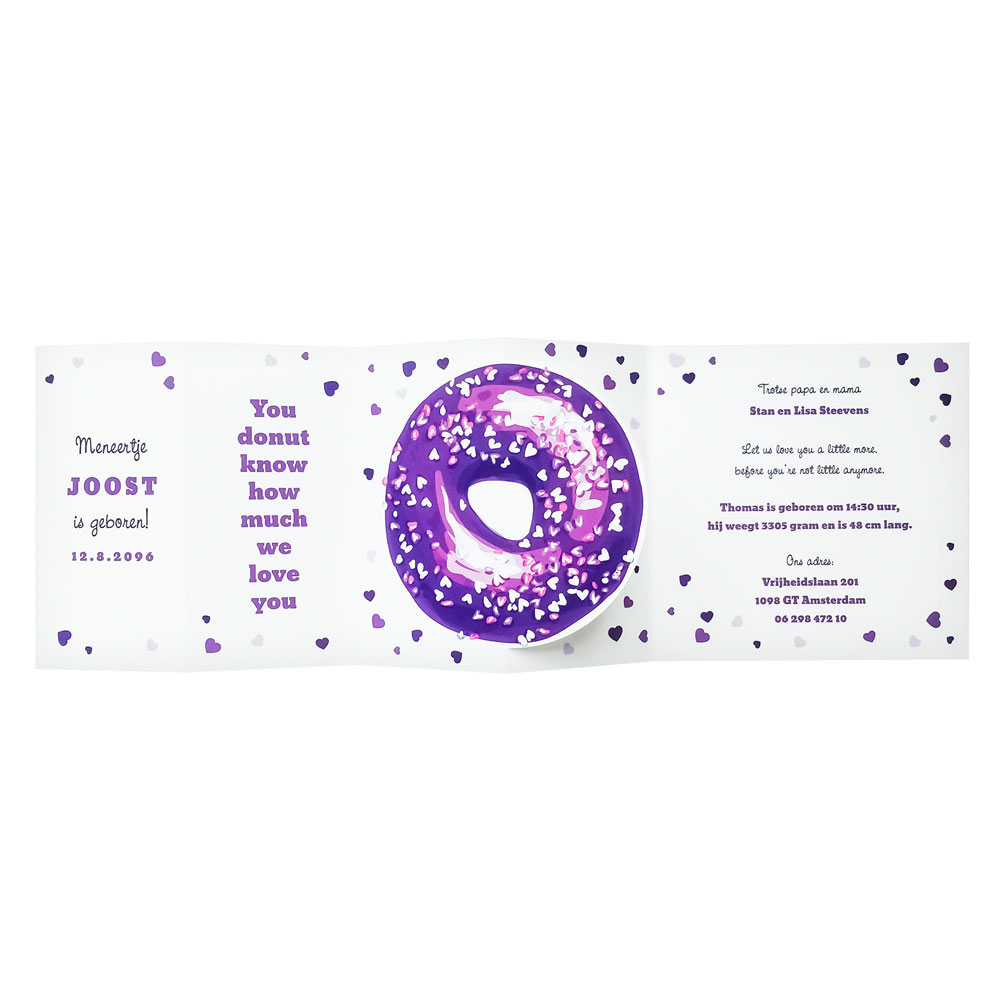 Geboortekaart paarse Donut en hartjes