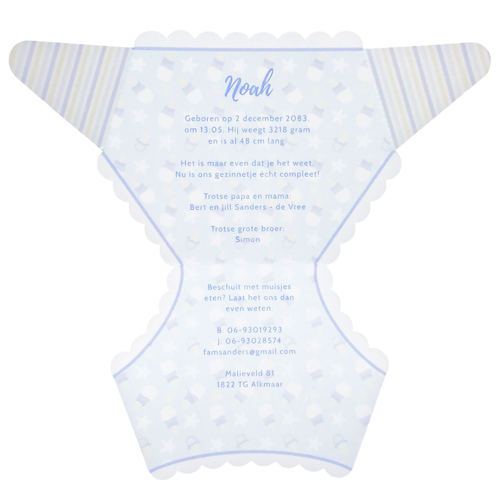 Gestanst geboortekaartje "Blauwe luier" Gestanst geboortekaartje "Blauwe luier"