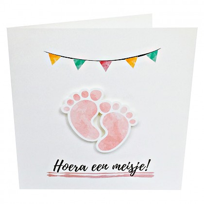 Gestanst geboortekaartje "Roze voetjes"