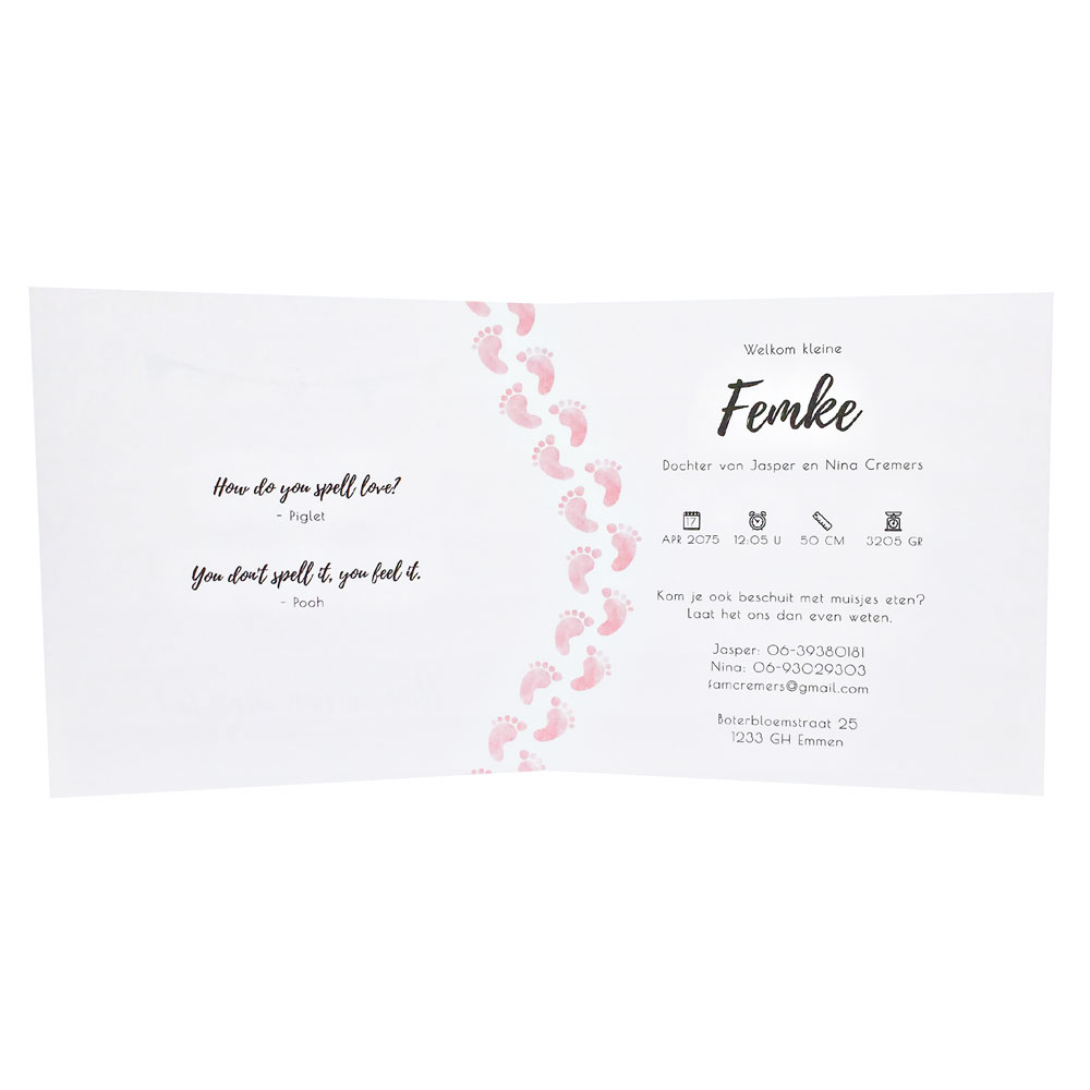 Gestanst geboortekaartje "Roze voetjes" Gestanst geboortekaartje "Roze voetjes"