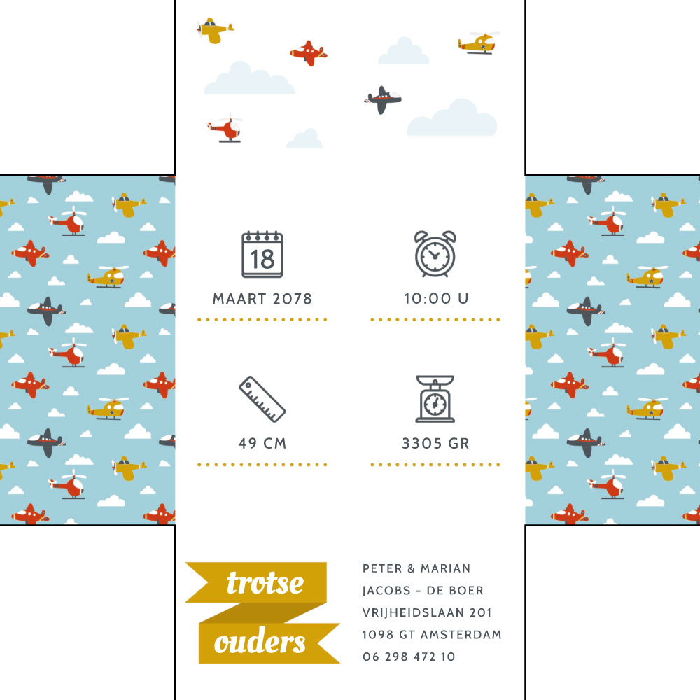Avontuurlijke geboorte doordraaikaart met vliegtuigjes Avontuurlijke geboorte doordraaikaart met vliegtuigjes