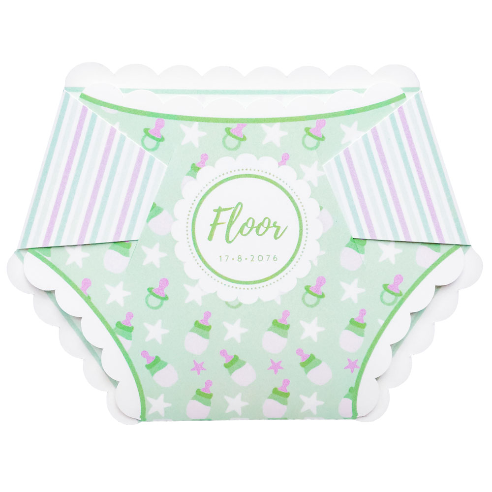 Gestanst geboortekaartje "Blauwe luier met speentjes" Gestanst geboortekaartje "Blauwe luier met speentjes"