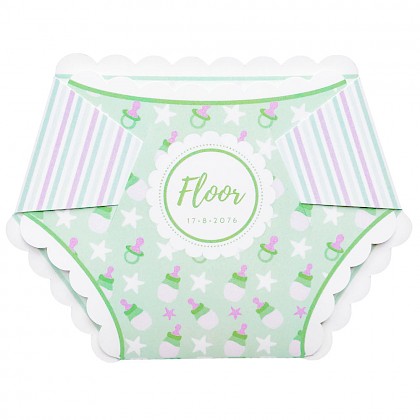 Gestanst geboortekaartje "Blauwe luier met speentjes"