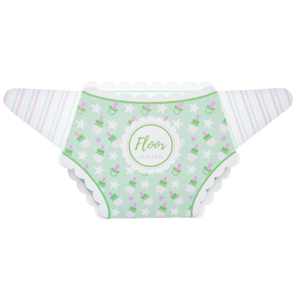 Gestanst geboortekaartje "Blauwe luier met speentjes" Gestanst geboortekaartje "Blauwe luier met speentjes"