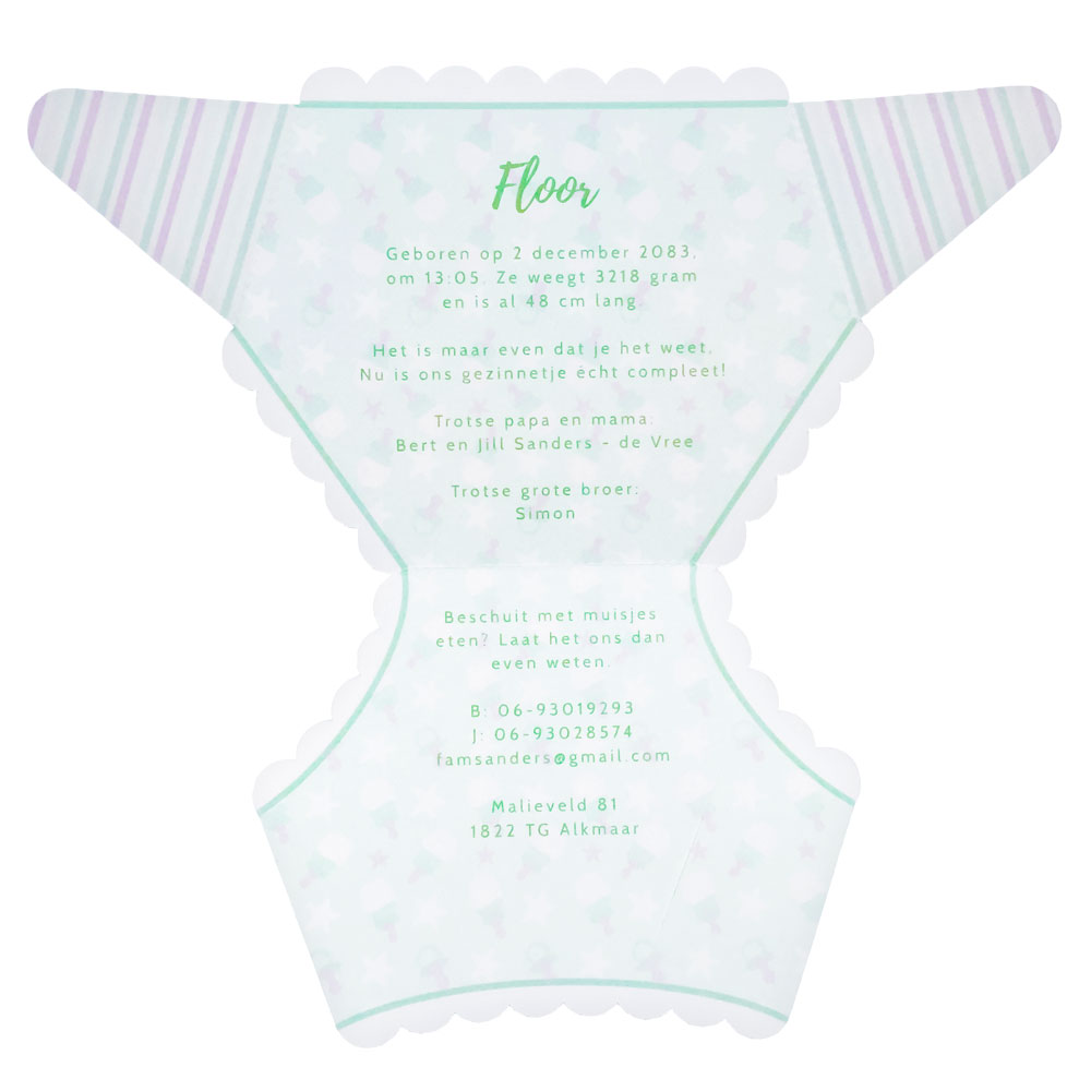 Gestanst geboortekaartje "Blauwe luier met speentjes" Gestanst geboortekaartje "Blauwe luier met speentjes"