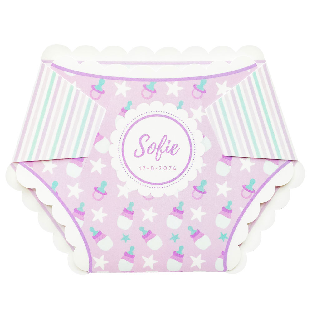 Gestanst geboortekaartje "Roze luier" Gestanst geboortekaartje "Roze luier"