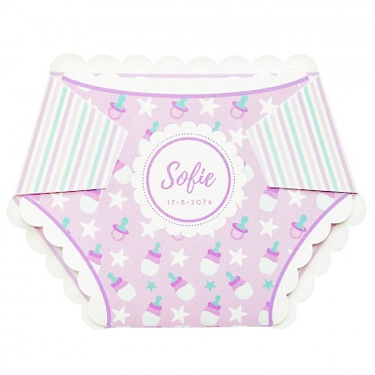 Gestanst geboortekaartje "Roze luier"