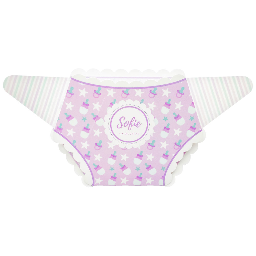 Gestanst geboortekaartje "Roze luier" Gestanst geboortekaartje "Roze luier"