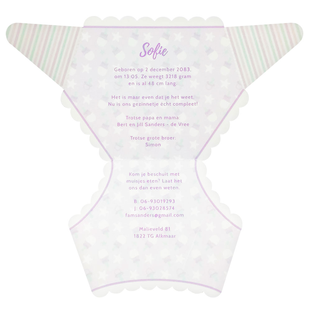 Gestanst geboortekaartje "Roze luier" Gestanst geboortekaartje "Roze luier"