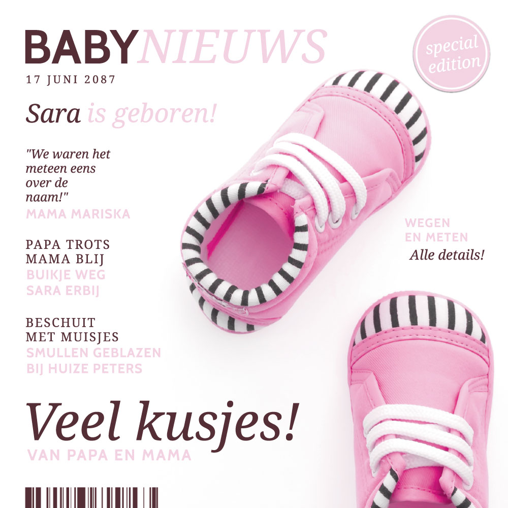 Doordraai geboortekaartje "Roze babyschoentjes"