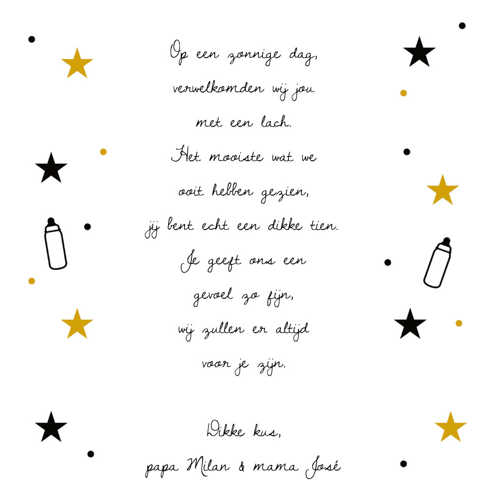 Geboortekaart Dolle Doordraaier met okergele vlaggetjes en sterretjes.