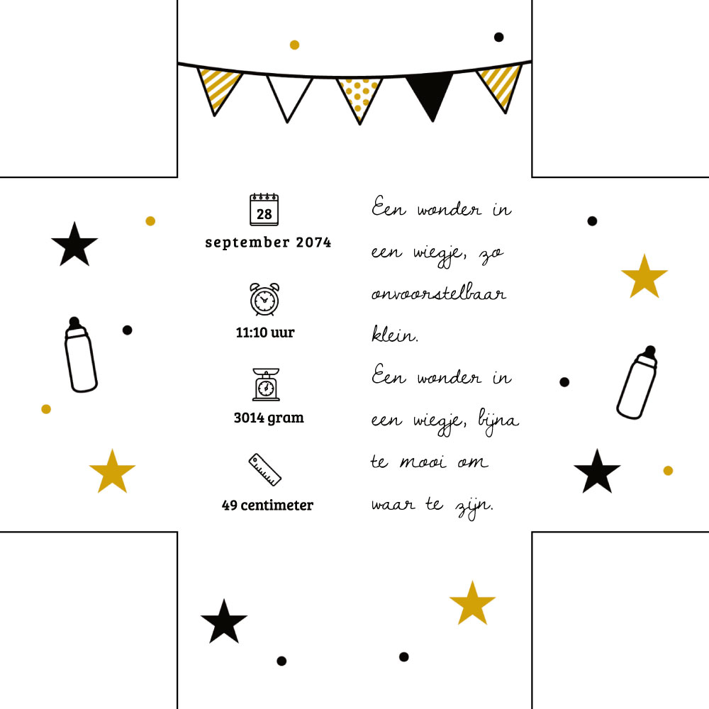 Geboortekaart Dolle Doordraaier met okergele vlaggetjes en sterretjes.