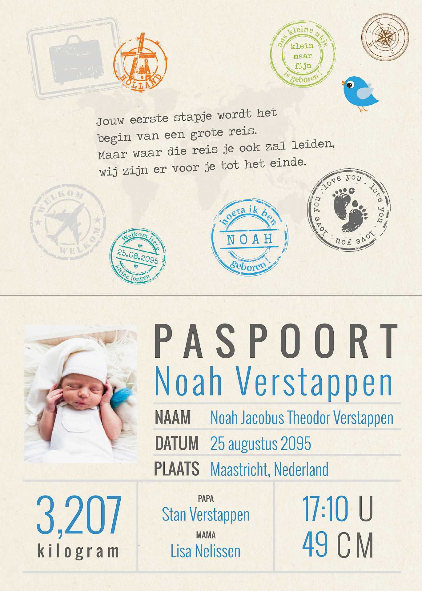 Geboortekaart "Paspoort met stempels"