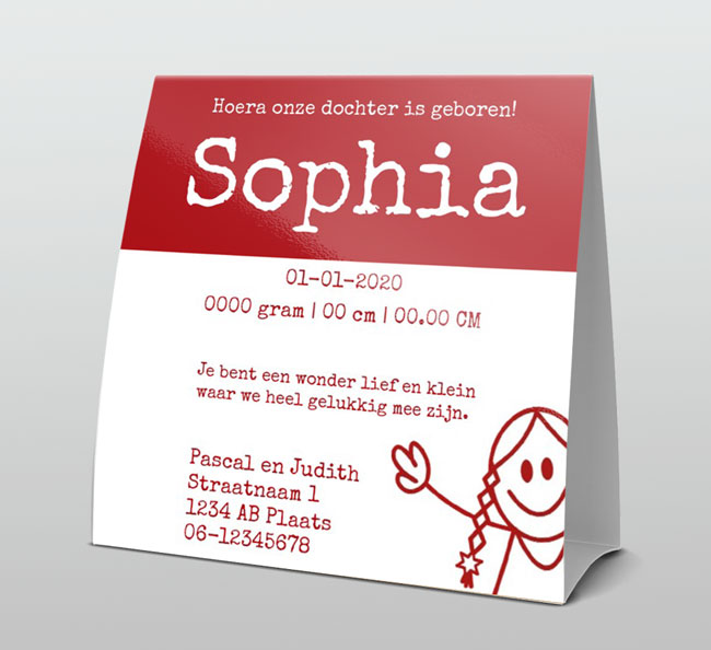 Tentkaart geboortekaartje meisje met vlechten in fel rood Tentkaart geboortekaartje meisje met vlechten in fel rood