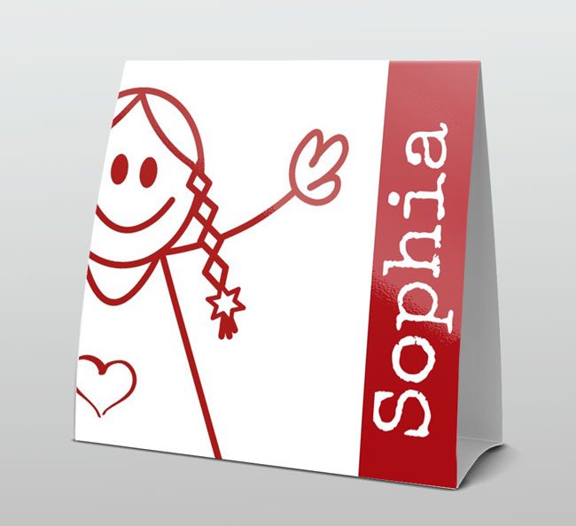 Tentkaart geboortekaartje meisje met vlechten in fel rood Tentkaart geboortekaartje meisje met vlechten in fel rood