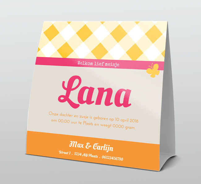 Trendy geel met roze-oranje lintjes Trendy geel met roze-oranje lintjes